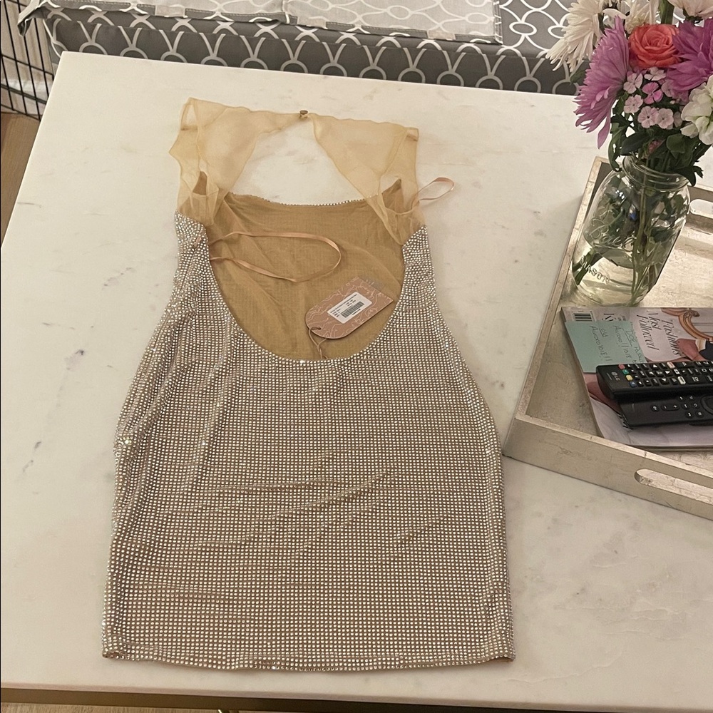 Meshki Nude Sheer Rhinestone Mini Dress NWT